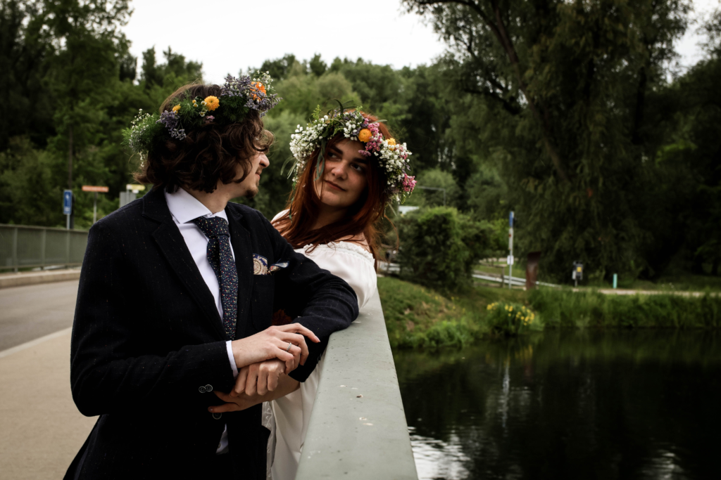 A couple by the lake, wedding photography
